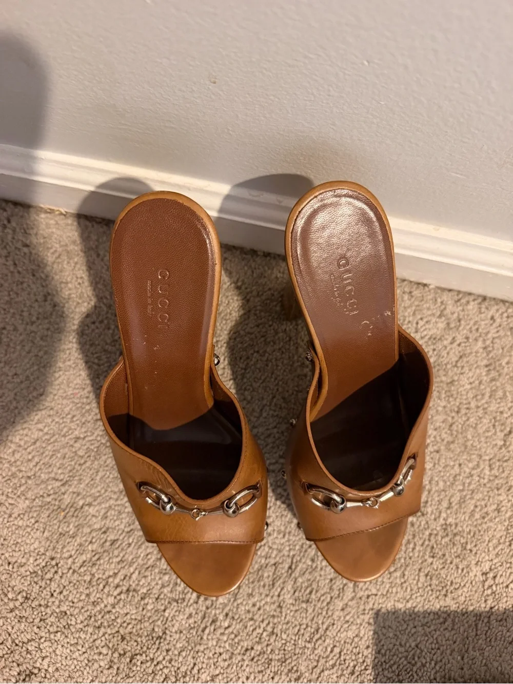 Gucci Tan Leather Horsebit Platform Mules